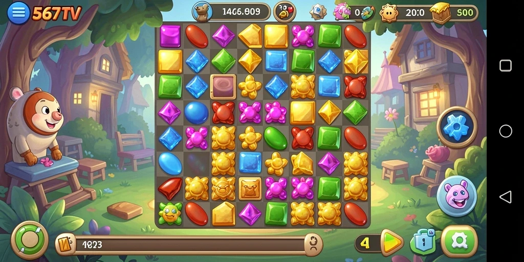 Tampilan menarik gameplay Match-3 di 567TV dengan permata berwarna-warni.