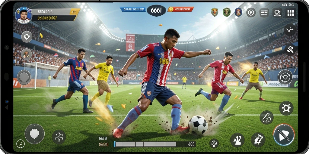 Tampilan gameplay mendebarkan melalui 666I dengan aksi sepak bola yang intens.