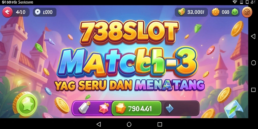 Tampilan gameplay 738SLOT dengan berbagai simbol warna-warni.