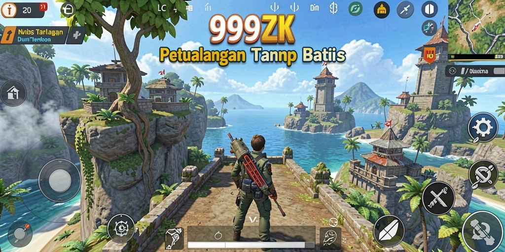 Tangkapan layar dari gameplay 999ZK menampilkan eksplorasi dunia terbuka yang luas.