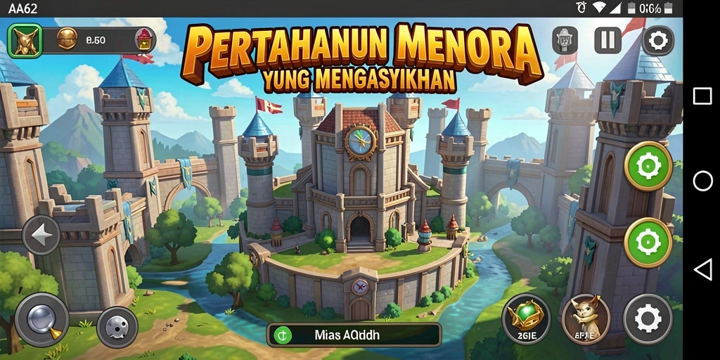 Tampilan screenshot AA62 menunjukkan aksi menara yang intens dan strategis.