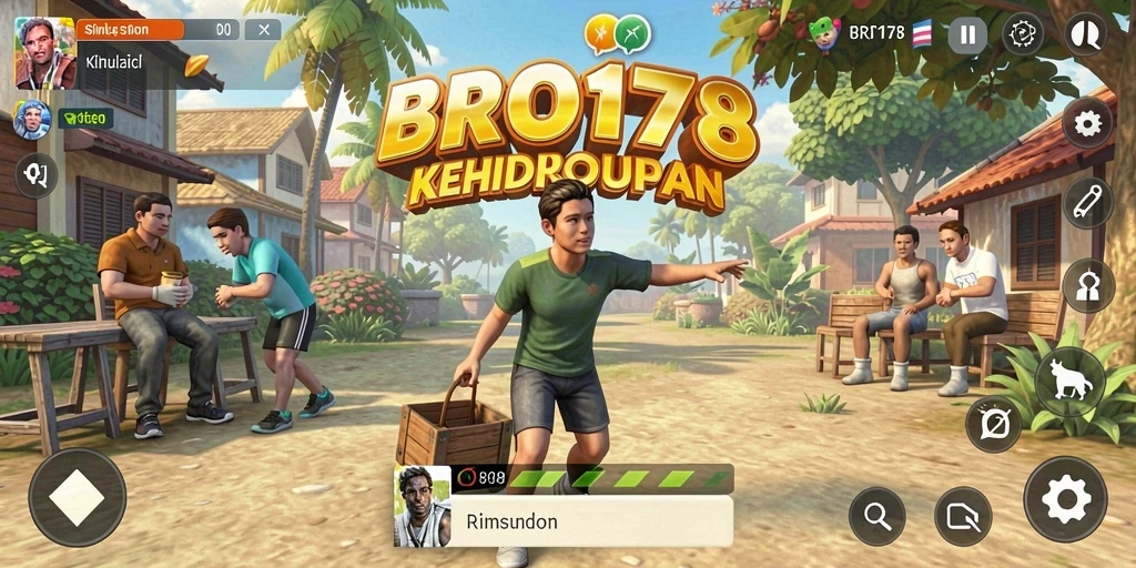 Screenshot BRO178 menampilkan karakter yang sedang membangun rumah dalam dunia simulasi.