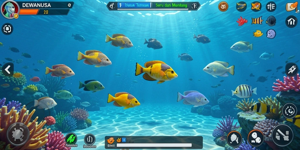 Tampilan gameplay seru dalam DEWANUSA saat menembak ikan.