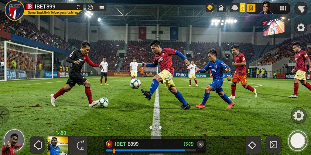 Screenshot utama gameplay IBET899 menampilkan suasana pertandingan sepak bola yang intens.