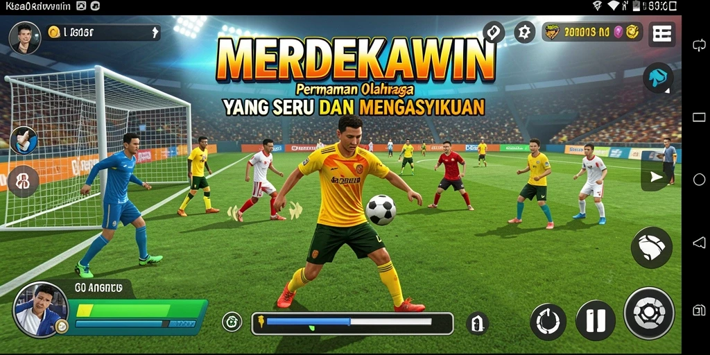 Tampilan screenshot MERDEKAWIN menampilkan action seru dalam permainan olahraga.