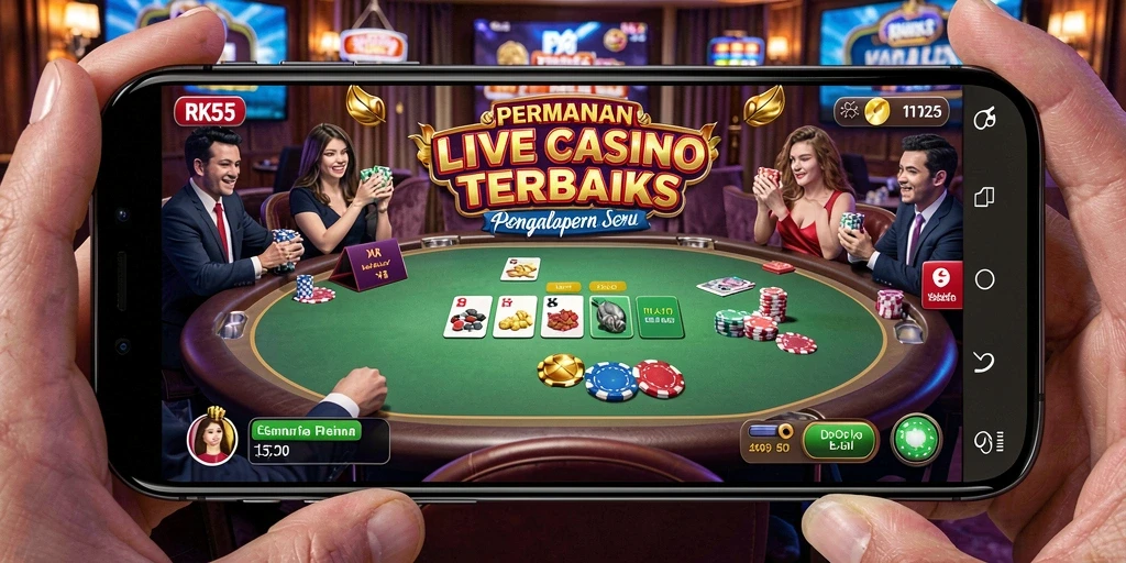 Screenshot gameplay RK55 yang menampilkan dealer dan suasana kasino yang realistis.