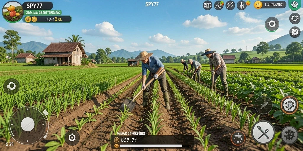 Tampilan gameplay SPY77 dengan ladang yang subur dan hewan ternak.