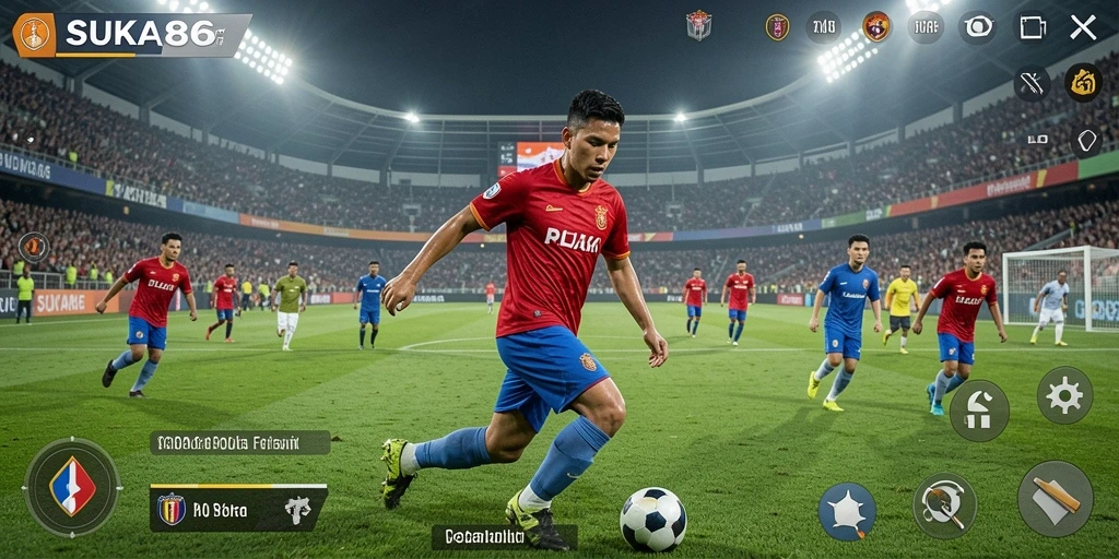 Screenshot gameplay SUKA86 menampilkan aksi seru di lapangan sepak bola.