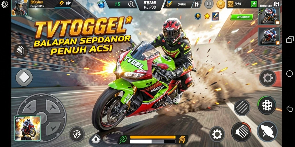 Screenshot gameplay TVTOGEL menampilkan aksi balapan motor yang cepat dan mendebarkan.